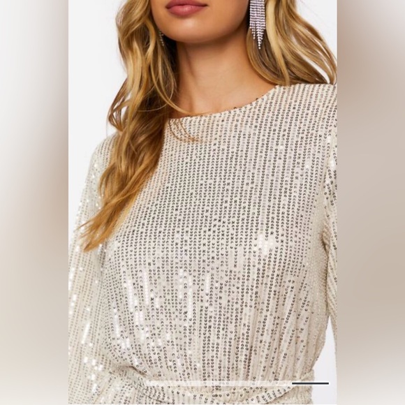 🥂👗✨ Forever21 Sequin Peasant Long-sleeve Mini Dress-S-Champagne-NWT - Picture 6 of 16